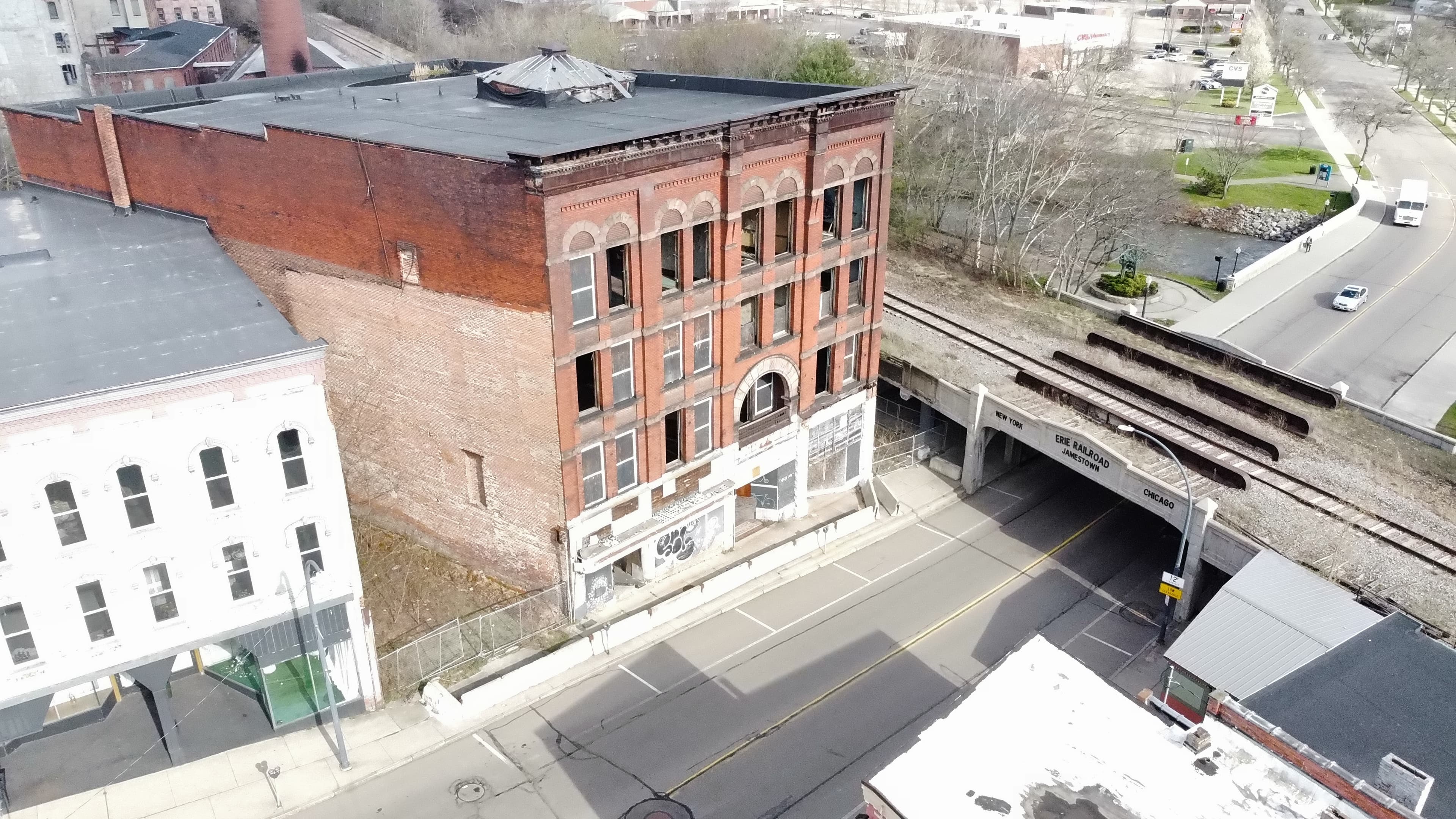 Arcade Building aerial view in downtown Jamestown.